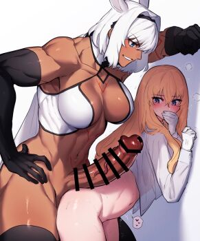 1futa 1girl against_wall animal_ears bar_censor bent_over black_gloves black_thighhighs blonde_hair blue_eyes blush body_markings bottomless breasts caenis_(fate) caenis_(second_ascension)_(fate) censored covering_own_mouth dark-skinned_female dark_skin elbow_gloves erection extra_ears fate/grand_order fate_(series) futa_with_female futanari genderswap genderswap_(mtf) gloves grin hair_between_eyes hair_intakes hand_on_own_hip heart height_difference highres huge_penis kirschtaria_wodime large_breasts large_penis long_hair long_sleeves looking_at_another looking_at_penis looking_down muscular muscular_female naked_shirt navel penis penis_on_ass revision sabamori shirt simple_background smile speech_bubble stomach sweat tattoo teeth thick_thighs thighhighs thighs trembling white_background white_gloves white_hair white_shirt