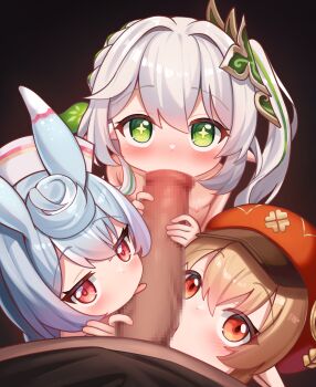 1boy 3girls absurdres akimiya_yamiku blonde_hair blue_hair blush breasts censored commentary cooperative_fellatio cross-shaped_pupils fellatio genshin_impact green_eyes green_hair grey_hair hair_ornament hat highres klee_(genshin_impact) large_penis leaf_hair_ornament licking licking_penis loli long_hair looking_at_viewer mosaic_censoring multicolored_hair multiple_girls nahida_(genshin_impact) newsboy_cap nipples nurse_cap oral paid_reward_available peaked_cap penis penis_grab pov pov_crotch red_eyes red_hat side_ponytail sigewinne_(genshin_impact) small_breasts streaked_hair symbol-shaped_pupils teamwork_(sexual) variant_set white_hat