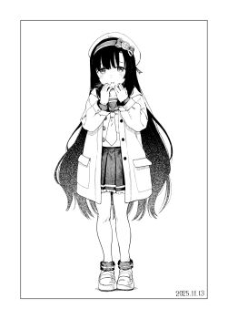 1girl coat dated full_body greyscale hairband highres ibuki_(abuki) kantai_collection long_hair looking_at_viewer matsuwa_(kancolle) monochrome neckerchief pleated_skirt sailor_collar sailor_shirt school_uniform serafuku shirt simple_background skirt solo standing