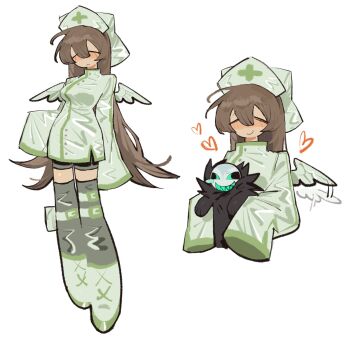 1girl angel_wings black_shorts black_thighhighs blush boots breasts brown_hair caretaker_(die_of_death) closed_mouth die_of_death dress fish_193 hashtag-only_commentary hat heart highres long_hair medium_breasts multiple_views nurse nurse_cap pursuer_(die_of_death) roblox shorts simple_background sleeves_past_fingers sleeves_past_wrists smile thighhighs very_long_hair white_background white_boots white_dress wing_flapping wings