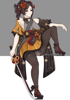 1girl breasts chiori_(genshin_impact) dress hair_ornament high_heels japanese_clothes kimono kurodahlia18 lipstick makeup medium_breasts nude one_leg_raised pantyhose sitting solo sword weapon