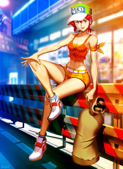 1girl against_railing belt blue_socks blurry blurry_background brown_hair covered_erect_nipples crop_top future_gpx_cyber_formula genzoman green_hat hat holding holding_sack jounouchi_miki midriff navel orange_shorts orange_tank_top railing sack shoes shorts sneakers socks solo tank_top white_belt white_shoes
