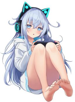 1girl absurdres alternate_costume animal_ear_headphones animal_ears bare_legs barefoot blue_eyes blue_hair blush cat_ear_headphones cat_ears commentary crossed_bangs fake_animal_ears feet hair_between_eyes handheld_game_console headphones hibiki_(kancolle) highres hood hood_down hoodie kantai_collection knees_up long_hair long_sleeves looking_at_viewer motohara_moka parted_lips simple_background sitting soles solo toes white_background white_hoodie