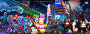 2boys absol absurdres alolan_form alolan_ninetales altaria artist_name aurorus black_fur blaziken blue_hair brown_fur building claws closed_eyes commission dress elevated_highway espeon fangs forehead_jewel furry gardevoir gen_1_pokemon gen_2_pokemon gen_3_pokemon gen_4_pokemon gen_6_pokemon gen_7_pokemon glowing glowing_eyes hair_ornament highres highway jacket logan_cure lopunny lurantis mega_absol mega_lopunny mega_pokemon multiple_boys night nintendo open_mouth pants pink_eyes poke_ball pokemon pokemon_(creature) primarina purple_fur smile sparkle spotlight starfish_hair_ornament umbreon venusaur white_dress wings