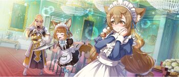 3girls ahoge alternate_costume amy_(konosuba) animal_ear_fluff animal_ears apron armor black_bodysuit black_gloves blonde_hair blue_bow blue_bowtie blue_eyes blush bodysuit boobplate bow bowtie braid braided_sidelock breastplate breasts brown_eyes brown_hair chair chandelier child closed_mouth cookie cup darkness_(konosuba) double-parted_bangs droopy_ears enmaided fang faulds food frills furrowed_brow game_cg gloves hair_between_eyes hair_ornament hands_up highres holding holding_tray indoors interlocked_fingers juliet_sleeves kono_subarashii_sekai_ni_shukufuku_wo! konosuba!_fantastic_days large_breasts long_hair long_sleeves long_table looking_at_another low_twintails maid maid_apron maid_headdress matching_outfits medium_hair miia_(konosuba) mole mole_under_eye multiple_girls neck_ribbon official_alternate_costume official_art open_mouth own_hands_clasped own_hands_together pauldrons ponytail ponytail_with_braided_base portrait_(object) pudding puffy_short_sleeves puffy_sleeves red_ribbon ribbon saucer short_sleeves shoulder_armor sidelocks single_pauldron smile sparkle standing swept_bangs table tail teacup teapot thighhighs tiered_tray tray twintails very_long_hair white_apron white_thighhighs white_wrist_cuffs wrist_cuffs x_hair_ornament