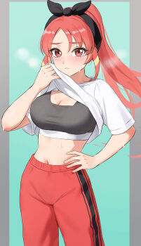 1girl absurdres amayo_thranana black_bow black_hairband black_sports_bra bow bow_hairband closed_mouth clothes_lift commentary_request cowboy_shot hairband hand_on_own_hip highres inazuma_eleven_(series) inazuma_eleven_victory_road lifting_own_clothes pants ponytail red_eyes red_hair red_pants shinohara_raika shirt shirt_lift short_sleeves solo sports_bra standing sweat t-shirt track_pants variant_set white_shirt