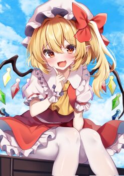1girl blonde_hair bow collar commentary corrupted_twitter_file crystal_wings fang feet_out_of_frame finger_to_face flandre_scarlet frilled_collar frilled_sleeves frilled_wristband frills hair_between_eyes hair_bow hat highres light_blush long_hair looking_at_viewer mob_cap neckerchief one_side_up open_mouth pantyhose petticoat pointy_ears puffy_short_sleeves puffy_sleeves red_bow red_eyes red_skirt red_vest shirotsuki_shirone shirt short_sleeves sitting skin_fang skirt skirt_set sky smile solo touhou vest white_hat white_pantyhose white_shirt wings yellow_neckerchief