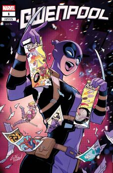 1boy 3girls absurdres belt black_hair black_leotard black_lips blonde_hair bodysuit bow_(weapon) character_name claw_(weapon) comic_cover company_name copyright_logo copyright_name cover cover_page dark_persona deadpool_(series) dual_persona english_text explosion gills gloves gradient_hair gurihiru gwenpool hairband hawkeye_(marvel) highres holding holding_bow_(weapon) holding_sword holding_weapon jeff_(marvel) katana kate_bishop leg_warmers leotard logo marvel mask mjolnir_(marvel) multicolored_hair multicolored_leotard multiple_girls official_art open_mouth pink_background pink_hair pink_leg_warmers ponytail purple_background purple_bodysuit purple_hairband purple_leotard reaching shark shin_guards smile speech_bubble spider-man spider-man_(series) spider_web_print superhero_costume sword tearing_up two-tone_leotard utility_belt weapon white_gloves white_leotard