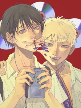 Rule 34 | amo1579571, animal request, backpack, bag, black bag, black hair, cd, chinese commentary, collared shirt, creepy, detached eyes, earphones, fingernails, hand on another's shoulder, highres, hikaru ga shinda natsu, holding, indou hikaru, melting face, mole, mole on cheek, mole on neck, mole under eye, multiple moles, open clothes, open mouth, open shirt, red background, shared earphones, shirt, short hair, simple background, teeth, translation request, tsujinaka yoshiki, upper body, white hair, white shirt