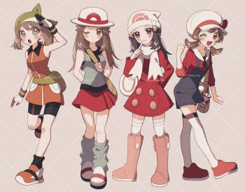 4girls bag bandana beanie bike_shorts black_hair black_shorts black_socks blue_eyes blue_hair blue_overalls blue_shirt blush boots bow breasts brown_eyes brown_hair closed_mouth coat dawn_(pokemon) duffel_bag fanny_pack gloves green_bandana hair_ornament hairclip hat hat_bow highres leaf_(pokemon) long_hair long_sleeves looking_at_viewer loose_socks lyra_(pokemon) may_(pokemon) mikakami1e multiple_girls newsboy_cap nintendo one_eye_closed open_mouth orange_shirt overalls pink_boots poke_ball_print pokemon pokemon_dppt pokemon_emerald pokemon_frlg pokemon_hgss pokemon_platinum pokemon_rse porkpie_hat red_coat red_shirt red_skirt ribbon scarf shirt shoes short_hair short_sleeves shorts shoulder_bag simple_background skirt sleeveless sleeveless_shirt smile socks thighhighs twintails vs_seeker white_gloves white_hat white_scarf white_thighhighs