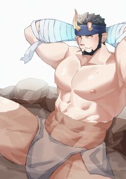 1boy arms_behind_head bandaged_arm bandages bara beard black_hair broken_horn demon_boy demon_horns facial_hair full_beard horns large_pectorals live_a_hero looking_at_viewer male_focus mature_male muscular muscular_legs muscular_male nessen_(live_a_hero) onsen partially_submerged pectorals poteto02888292 seductive_smile short_hair sitting smile solo spread_legs strongman_waist thick_eyebrows thighs topless_male wet