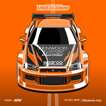 absurdres car commentary copyright_name electronic_arts english_commentary highres logo motor_vehicle need_for_speed need_for_speed:_underground nissan nissan_skyline nissan_skyline_gt-r nissan_skyline_r34 orange_background orange_car sparco spoiler_(automobile) sports_car vehicle_focus yogabudiw