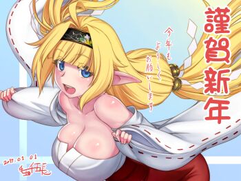 1girl :o ahoge bad_anatomy bad_hands bell blonde_hair blue_eyes breasts cleavage commentary_request dated detached_sleeves freesia_(x-overd) gochou_(kedama) hair_bell hair_ornament headband highres large_breasts long_hair nontraditional_miko pointy_ears shide very_long_hair wide_sleeves x-overd