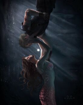 1boy 1girl aerith_gainsborough arm_up armor artist_name bikini bikini_top_only black_cape black_gloves black_vest blonde_hair breasts brown_hair cape cloud_strife couple final_fantasy final_fantasy_vii final_fantasy_vii_advent_children fins fish_tail gift_art gloves hands_on_another&#039;s_cheeks hands_on_another&#039;s_face hetero highres long_hair looking_at_another materia medium_breasts mermaid midriff monster_girl parted_bangs pauldrons pink_ribbon ribbon short_hair shoulder_armor single_pauldron spiked_hair swimsuit tail underwater upper_body vest waist_cape woomie