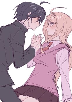 02gr_ois 1boy 1girl ahoge akamatsu_kaede black_hair black_jacket blonde_hair blush breasts collared_jacket collared_shirt commentary_request cowboy_shot danganronpa_(series) danganronpa_v3:_killing_harmony from_side hair_between_eyes hair_ornament hetero highres holding_hands jacket long_hair long_sleeves necktie pants pink_sweater_vest pink_vest pleated_skirt profile saihara_shuichi school_uniform shirt short_hair simple_background skirt sweater_vest twitter_username vest white_background white_shirt