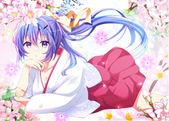 Rule 34 | 1girl, commentary request, flower, gochuumon wa usagi desu ka?, hair ornament, hakama, hakama skirt, highres, japanese clothes, kohakugin, leaf, long hair, miko, purple eyes, purple hair, red hakama, ribbon, skirt, tedeza rize, wide sleeves, yellow ribbon