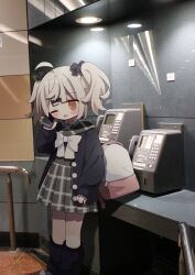 Rule 34 | 1girl, ;d, ahoge, bag, black jacket, black socks, blush, brown eyes, cellphone, commentary request, grey hair, grey sailor collar, grey shirt, grey skirt, hand up, highres, holding, holding phone, indoors, jacket, long sleeves, loose socks, nakkar, one eye closed, open clothes, open jacket, open mouth, original, phone, photo background, plaid, plaid sailor collar, plaid skirt, pleated skirt, puffy long sleeves, puffy sleeves, sailor collar, shirt, skirt, smile, socks, solo, standing, twintails, twitter username