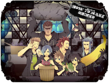 1girl 6+boys ^^^ alternate_costume apron arms_up axel_(kingdom_hearts) bad_id bad_pixiv_id banana black_border black_coat black_coat_(kingdom_hearts) black_gloves black_hair black_pants blue_eyes blue_hair border box brown_hair closed_eyes coat cooking creature cucumber demyx eggplant english_text facial_mark flying food frilled_apron frills fruit full-length_zipper furrowed_brow gloves green_shirt hair_over_one_eye hair_slicked_back hands_up holding holding_food holding_rock hood hood_down hooded_coat indoors kingdom_hearts kingdom_hearts_358/2_days lexaeus long_coat long_sleeves looking_down mohawk moogle multiple_boys muscular muscular_male no_gloves open_clothes open_coat open_mouth ornate_border oversized_food oversized_object pants parted_lips pink_apron red_hair rock roxas saix shaded_face shirt short_hair sidelocks smile spiked_hair standing surprised sweatdrop tore_(ksg666xxx) v-neck very_short_hair xion_(kingdom_hearts) zexion zipper