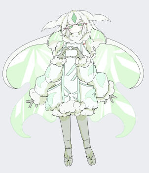 Rule 34 | 1girl, alternate color, arthropod girl, colored inner hair, commentary, extra arms, frosmoth, gen 8 pokemon, green eyes, grey background, heart, heart hands, highres, long hair, long sleeves, multicolored hair, nintendo, personification, pokemon, rein (3313), shiny pokemon, solo, white hair