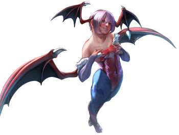 1girl absurdres animal_print bat_print blue_pantyhose breasts bridal_gauntlets darkstalkers demon_girl demon_wings full_body grin head_wings highres leotard lilith_(darkstalkers) looking_at_viewer off-shoulder_leotard pantyhose pink_hair purple_bridal_gauntlets red_eyes red_leotard short_hair simple_background small_breasts smile solo standing teppu_tora white_background wings