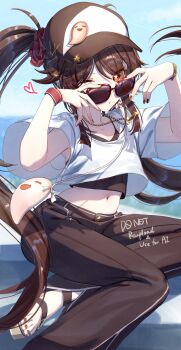 1girl absurdres alternate_costume black_nails bright_pupils brown_hair brown_pants commentary_request flower-shaped_pupils genshin_impact highres hu_tao_(genshin_impact) imasaki_kei jewelry long_hair looking_at_viewer midriff navel necklace one_eye_closed pants red_eyes shirt short_sleeves solo streetwear sunglasses symbol-shaped_pupils white_pupils white_shirt