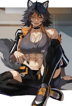 Rule 34 | 1girl, abs, absurdres, ahoge, animal ear fluff, animal ears, belt, black choker, black hair, black jacket, black nails, black shoes, black shorts, black thighhighs, breasts, choker, cleavage, collarbone, colored tips, commentary, english commentary, fangs, fingernails, full body, grey sports bra, grey tail, hair between eyes, hand on floor, highres, jacket, jewelry, kaya (kbdudebro), knee up, large breasts, looking at viewer, multicolored hair, necklace, open clothes, open fly, open jacket, open mouth, orange belt, orange eyes, orange hair, orange jacket, original, park ongjol, pendant, sharp fingernails, shoes, short shorts, shorts, single bare shoulder, single off shoulder, sitting, skindentation, slit pupils, smile, sneakers, solo, spiked hair, sports bra, tail, thighhighs, toned, toned female, tooth necklace, vertical-striped sleeves, watermark, wolf cut, wolf ears, wolf girl, wolf tail