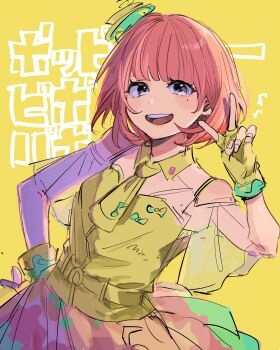 Rule 34 | 1girl, :d, bare shoulders, belt, commentary request, fingerless gloves, gloves, hair ornament, hat, highres, ichiya1115, kamen rider, kamen rider ex-aid (series), looking at viewer, mole, mole under eye, musical note, necktie, open mouth, pink hair, poppi pipopapo, purple eyes, red eyes, short hair, sketch, smile, solo, translated, yellow background