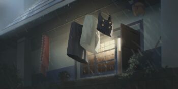 absurdres black_skirt black_vest chinese_commentary clothes_hanger commentary door highres house kinoko_(kino2435006) making-of_available no_humans open_door outdoors plant potted_plant rain red_ribbon ribbon scenery shanghai_doll shirt skirt touhou vest white_shirt window