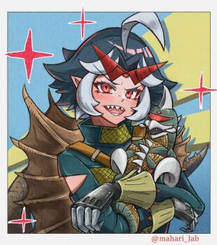 1boy absurdres alien amputee beak blue_background blush border chibi claws clothing_cutout cosplay cyborg diamond_(shape) dual_persona gem gem_on_head gigan gigan_(cosplay) godzilla_(series) godzilla_vs._gigan green_hair green_jacket grey_tongue highres holding hook hook_hand humanization jacket kaiju looking_at_viewer mahari_lab mandibles monster monster_boy multicolored_hair one-eyed open_mouth personification pointy_ears prosthesis prosthetic_arm red_eyes sharp_teeth simple_background smile space_monster spikes stinger sunglasses sunglasses_on_head tail tail_blade teeth toho tongue two-tone_background two-tone_hair white_border white_hair wings yellow_background