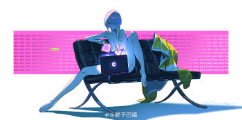 1girl absurdres barefoot blue_hair breasts cd computer convenient_censoring cyberpunk_(series) cyberpunk:_edgerunners full_body green_hair highres holding_cd jacket laptop large_breasts long_hair lucy_(cyberpunk) nude pink_hair sitting solo tizibade unworn_jacket watermark weibo_watermark