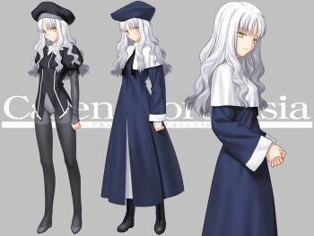 1girl bandaged_arm bandaged_hand bandages black_dress black_hat black_pantyhose black_shoes blue_dress blue_hat blue_skirt blush breasts capelet caren_hortensia closed_mouth dress english_text fate/hollow_ataraxia fate_(series) female_focus flat_chest full_body game_cg grey_background hat high_heels juliet_sleeves leotard long_hair long_skirt long_sleeves looking_at_viewer no_pants nun official_art open_mouth pantyhose puffy_long_sleeves puffy_short_sleeves puffy_sleeves reference_sheet sexually_suggestive shoes short_sleeves shy skirt small_breasts solo solo_focus takeuchi_takashi white_capelet white_hair white_leotard yellow_eyes