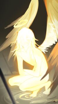 1boy angel_devil_(chainsaw_man) angel_wings chainsaw_man glowing halo highres hpop_3 long_hair male_focus nude on_liquid solo spread_wings squatting traditional_halo wings