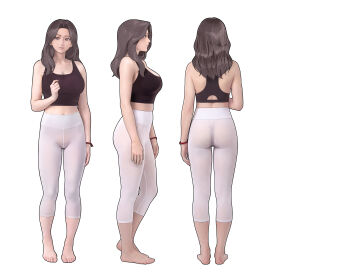 1girl absurdres ass barefoot brown_eyes brown_hair feet highres leggings long_hair looking_at_viewer mature_female sports_bra toes yewang19 yutang_(yewang19)