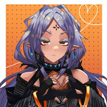 1girl arknights bare_shoulders black_choker black_dress blue_sealad blush border choker closed_mouth collared_dress colored_eyebrows colored_eyelashes commentary dark-skinned_female dark_skin dot_nose dress earrings english_commentary facial_mark fingerless_gloves forehead_mark frown gloves heart heart_hands infection_monitor_(arknights) jewelry long_hair long_sleeves looking_at_viewer melanite_(arknights) off-shoulder_dress off_shoulder orange_background outside_border parted_bangs pointy_ears polka_dot polka_dot_background purple_hair sidelocks solo thumbs_down thumbs_down_heart_hands white_border yellow_eyes