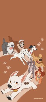 101_dalmatians 3girls 5boys bolt_(bolt) bolt_(movie) company_connection crossover disney dog dug_(up) full_body highres lady_(disney) lady_and_the_tramp multiple_boys multiple_girls nana_(peter_pan) no_humans open_mouth peg_(disney) perdita_(disney) pongo_(disney) ribbon simple_background smile takatmaorange tramp_(disney) up_(disney) walt_disney's_peter_pan