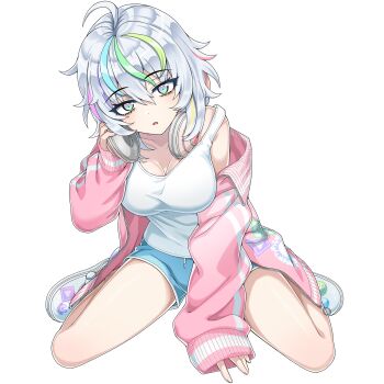 1girl :o ahoge blue_shorts breasts cleavage crocs dolphin_wave game_cg grey_hair headphones headphones_around_neck highres jacket kurokuchi_muru large_breasts looking_at_viewer medium_hair messy_hair multicolored_eyes multicolored_hair non-web_source official_art ootomo_takuji open_clothes open_jacket pink_jacket shorts sitting sleeves_past_wrists solo streaked_hair tank_top transparent_background wariza white_tank_top