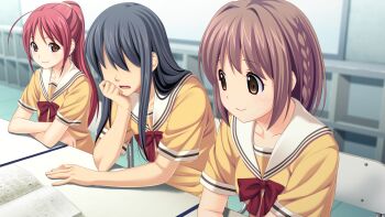10s 2girls black_hair brown_eyes brown_hair crossdressing crossdressing_(ftm) game_cg highres kitami_minamo koigakubo_chihaya koutaro long_hair multiple_girls ponytail red_hair short_hair smile table trap tropical_kiss tropical_vacation twinkle_(company)