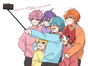 Rule 34 | 6+boys, ahoge, animal ears, antenna hair, blonde hair, blue hair, blue shirt, closed eyes, closed mouth, colon (stpri), dated, dog ears, green eyes, hair between eyes, hand on another's shoulder, hands on another's shoulders, heterochromia, highres, jel (stpri), looking at object, male focus, multiple boys, nanamori (stpri), open mouth, orange hair, orange shirt, outstretched arm, pink hair, pink shirt, purple eyes, purple hair, purple shirt, red hair, red shirt, rinu (stpri), root (stpri), satomi (stpri), selfie, selfie stick, shirt, short hair, simple background, smile, strawberry prince, uniuni12040427, white background, yellow eyes, yellow shirt