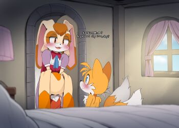 1boy 1girl animal_ears blue_eyes blush commentary cream_the_rabbit dagasi english_commentary fox_boy furry furry_female furry_male highres orange_fur rabbit_girl sonic_(series) tail tails_(sonic) vanilla_the_rabbit