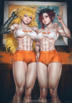 2girls abs alternate_muscle_size amputee bare_arms bare_shoulders black_hair blonde_hair breast_press breasts covering_nipples covering_privates crop_top employee_uniform extreme_crop_top feet_out_of_frame gradient_hair grey_eyes hand_on_another&#039;s_shoulder hand_on_own_hip highres hooters kuon_(kwonchanji) large_breasts legs lips long_hair looking_at_viewer mechanical_arms multicolored_hair multiple_girls muscular muscular_female navel navel_piercing no_legwear orange_shorts painting_(object) patreon_username piercing purple_eyes red_hair restaurant revealing_clothes ruby_rose rwby see-through_clothes see-through_shirt shirt short_hair short_shorts shorts sidelocks signature smile tank_top thick_thighs thighs two-tone_background underboob v wall watermark web_address yang_xiao_long
