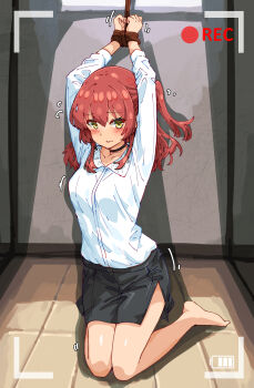 Rule 34 | 1girl, absurdres, bakasp-lilzy, black choker, bocchi the rock!, bound, bound arms, breasts, choker, commentary, commission, english commentary, green eyes, highres, kita ikuyo, kneeling, long hair, looking at viewer, medium breasts, pencil skirt, pixiv commission, recording, red hair, restrained, shirt, side ponytail, side slit, skirt, solo, viewfinder, white shirt