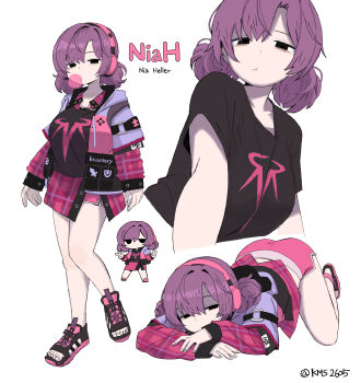 1girl absurdres blowing_bubbles chewing_gum headphones highres kms2605 long_sleeves looking_at_viewer multiple_views original purple_hair skirt twitter_username white_background