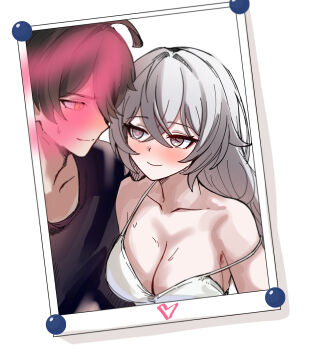 1boy 1girl adam_(honkai_impact) black_shirt blush bra breasts bronya_zaychik bronya_zaychik_(silverwing:_n-ex) brown_eyes brown_hair cleavage collarbone commentary english_commentary grey_eyes grey_hair hetero highres honkai_(series) honkai_impact_3rd long_hair looking_at_another mini2chainz photo_(object) shirt short_hair underwear upper_body white_bra