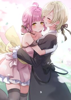 2girls absurdres ahoge armpit_crease bare_shoulders black_coat black_ribbon black_thighhighs blonde_hair blunt_bangs closed_eyes closed_mouth coat collarbone collared_shirt commentary cowboy_shot double_bun dress elbow_gloves frilled_sleeves frills gloves grin hair_bun hair_ribbon highres like_a_treasure_(love_live!) long_sleeves love_live! love_live!_nijigasaki_high_school_idol_club love_live!_nijigasaki_high_school_idol_club_the_movie_-_finale mia_taylor multiple_girls nekomaru_nisei off-shoulder_dress off_shoulder official_alternate_costume pink_dress pink_hair raised_inner_eyebrows ribbon shirt short_dress short_hair smile split_mouth stay_(love_live!) tennoji_rina thighhighs white_gloves white_shirt yellow_eyes yuri zettai_ryouiki