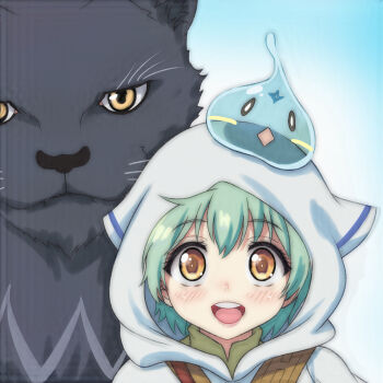 1girl animal black_fur blue_background blush brown_eyes ciel_(saijaku_tamer) coat creature_on_head gradient_background green_hair green_shirt hood hood_up hooded_coat ivy_(saijaku_tamer) looking_at_viewer on_head open_mouth panther saijaku_tamer_wa_gomi_hiroi_no_tabi_wo_hajimemashita shirt short_hair slime_(creature) slime_on_head smile sora_(saijaku_tamer) standing t_jiroo_(ringofriend) teeth upper_body white_coat
