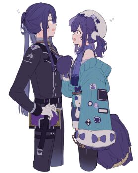 ! aiba_uiha animal_ears animal_hands beret black_pants black_shirt blonde_hair blue_cardigan blue_eyes book bow braid cardigan commentary_request dog_ears dog_tail from_side gloves hair_bow hair_ornament hairclip hat holding holster legband long_hair long_sleeves looking_at_another mole musical_note nagao_kei necktie nijisanji open_mouth pants pom_pom_(clothes) ponytail purple_bow purple_eyes purple_hair scarf shimada71_72 shirt short_hair sidelocks simple_background smile sweatdrop sweater tail thigh_holster twintails white_background white_gloves white_hat