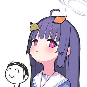 1boy 1girl ahoge black_hair blue_archive blue_shirt blush closed_mouth commentary doodle_sensei_(blue_archive) english_commentary halo highres leaf leaf_on_head long_hair looking_at_viewer meme mixed-language_commentary miyu_(blue_archive) nanozenzen pink_eyes sailor_collar school_uniform sensei_(blue_archive) serafuku shirt sidelocks simple_background upper_body upward_angle_frieren_drawing_(meme) white_background white_sailor_collar