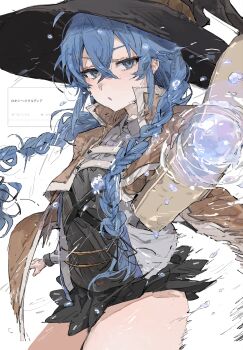 1girl absurdres black_hat black_skirt blue_eyes blue_hair braid brown_capelet capelet casting_spell cowboy_shot crossed_bangs hair_between_eyes half-closed_eyes hat highres holding holding_staff hydrokinesis large_hat le_(szs0k) long_braid long_hair looking_at_viewer mage_staff magic motion_lines mushoku_tensei parted_lips request_inset roxy_migurdia simple_background skirt solo staff thighs twin_braids water water_drop white_background witch_hat