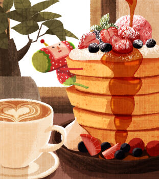 Rule 34 | 1girl, blueberry, coffee, coffee mug, cream, cup, food, fruit, ichigo (katamari damacy), katamari damacy, latte art, leaf, maple syrup, mug, naco oekaki, on food, pancake, pancake stack, plant, potted plant, powdered sugar, strawberry, windowsill