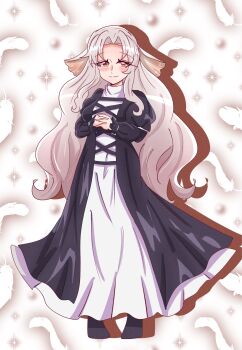 1girl black_dress blush brown_eyes commentary cosplay curtained_hair dress drop_shadow feathers full_body grey_hair highres hijiri_byakuren hijiri_byakuren_(cosplay) jiai_chiyu juliet_sleeves kimi_no_koto_ga_dai_dai_dai_dai_daisuki_na_100-nin_no_kanojo long_hair long_sleeves looking_at_viewer own_hands_clasped own_hands_together puffy_sleeves rinko_(precure_ydbg) simple_background smile solo sparkle standing touhou veil very_long_hair